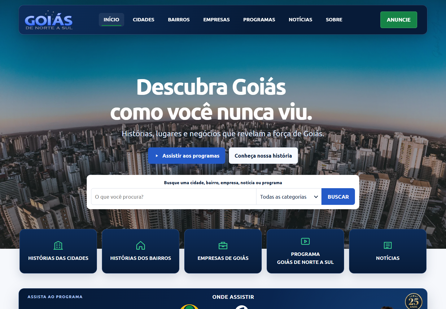 Nova página inicial do Goiás de Norte a Sul, com apresentação do portal e acesso a cidades, bairros, empresas e programas.